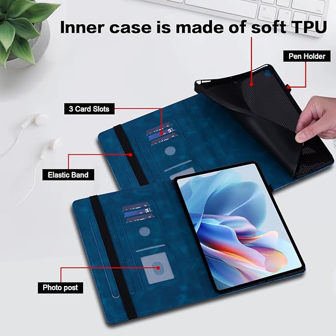 Case for Lenovo Tab Plus 11.5 Inch 2024 Embossed Premium PU Leather Case with Stand/Pencil Holder/Card Slots/Elastic Band for 11.5 Lenovo Tab Plus 2024 Release-Dark Blue