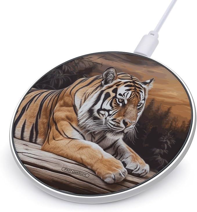 Tiger Lying on Wood Wireless Charger Fast Wireless Charging Pad with USB Cable 10W Anti-Slip Magnetic Wireless Charger Portable Slim Charger Puck Travel Charging Station
