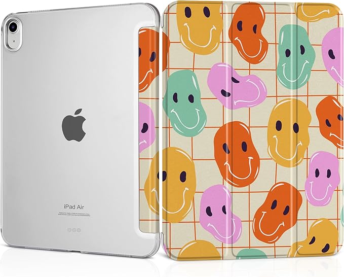 MEEgoodo for M4/M3/M2 iPad Air 11 inch Case 2026 2025 2024Case for iPad Air 5th/4th Generation 10.9 inch 2022 2020 Tablet Cover with Silk Texture &amp PC Clear Back Cover Distoted Smiling Faces