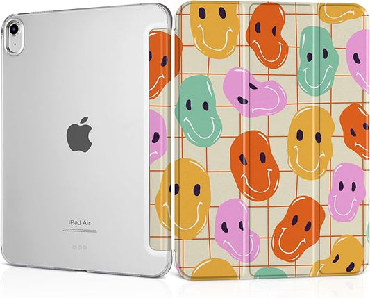 MEEgoodo for M4/M3/M2 iPad Air 11 inch Case 2026 2025 2024Case for iPad Air 5th/4th Generation 10.9 inch 2022 2020 Tablet Cover with Silk Texture &amp PC Clear Back Cover Distoted Smiling Faces