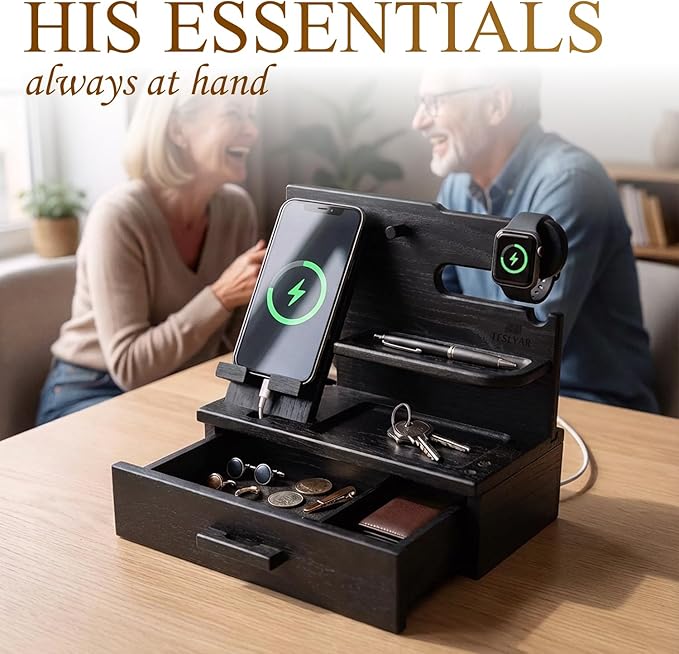 TESLYAR Wood Phone Docking Station with Drawer - Nightstand Organizer - Desk Organizer for Husband - Birthday Gifts for Men Dad Anniversary Idea Key Holder Stand Watch &amp Accessories (Granite Bl