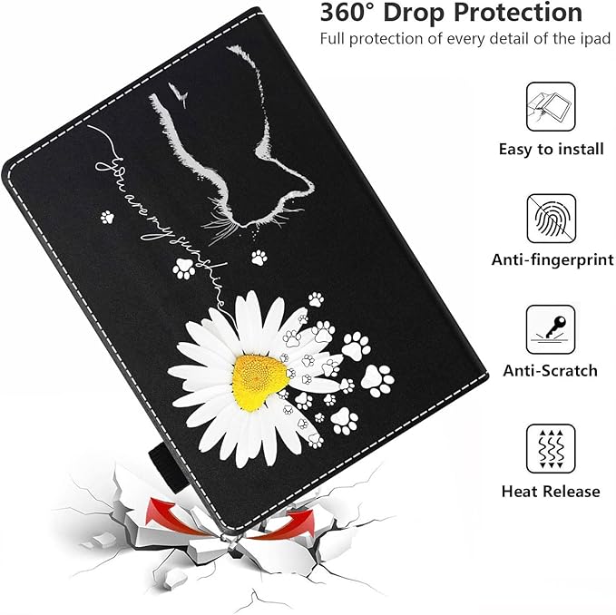Case for All-New Amazon Kindle Fire 7 Tablet (7 12th Generation 2022 Release) Latest Model - PU Leather Folio Case with Smart Auto Wake/Sleep Cat and Daisy Flower