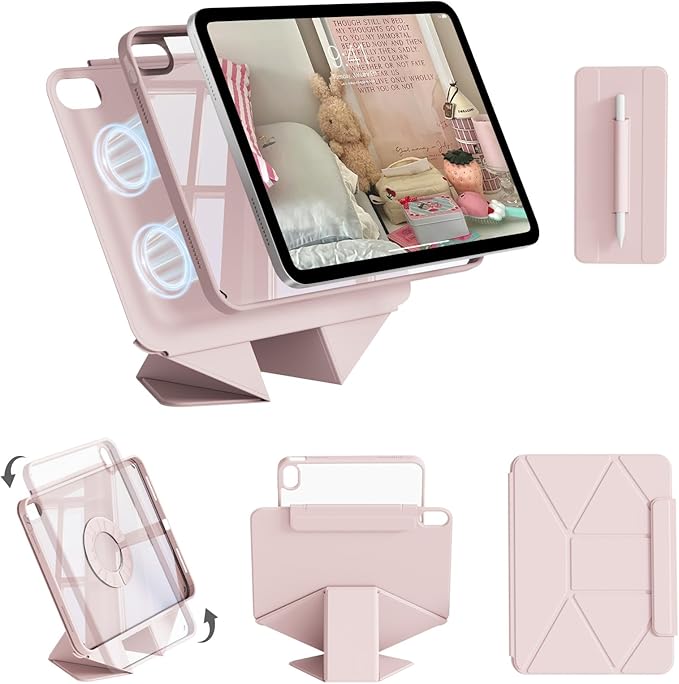 Case for iPad Air 11-Inch M4/M3/M2 (2026/2025/2024) iPad Air 5th/4th Generation (2022/2020) 10.9 with Pencil Holder Detachable Magnetic 360° Rotating Lightweight Protective Cover Pink