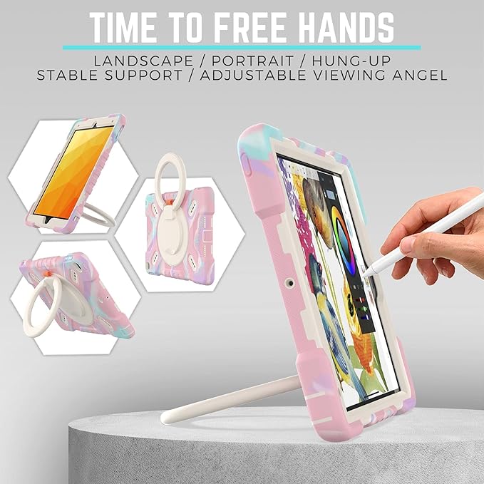 PEPKOO Triple Shockproof Case for iPad 9th/8th/7th Generation 10.2 inch 2021/2020/2019 Air 3rd Generation 10.5” Rugged Kid Cover with Pencil Holder/Handle Kickstand/Shoulder Strap Colorful Pink