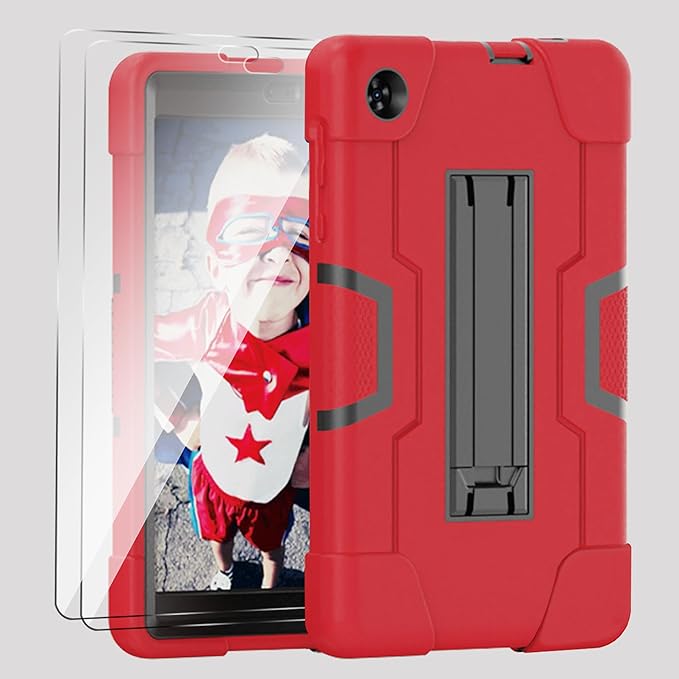 Case for for Alcatel Joy Tab 2 Tablet 8-inch 2020 Release (Model: 9032Z) - [Built-in Kickstand] Shockproof Silicone Protective Cover with Screen Protector (Red/Black/2 PCS)