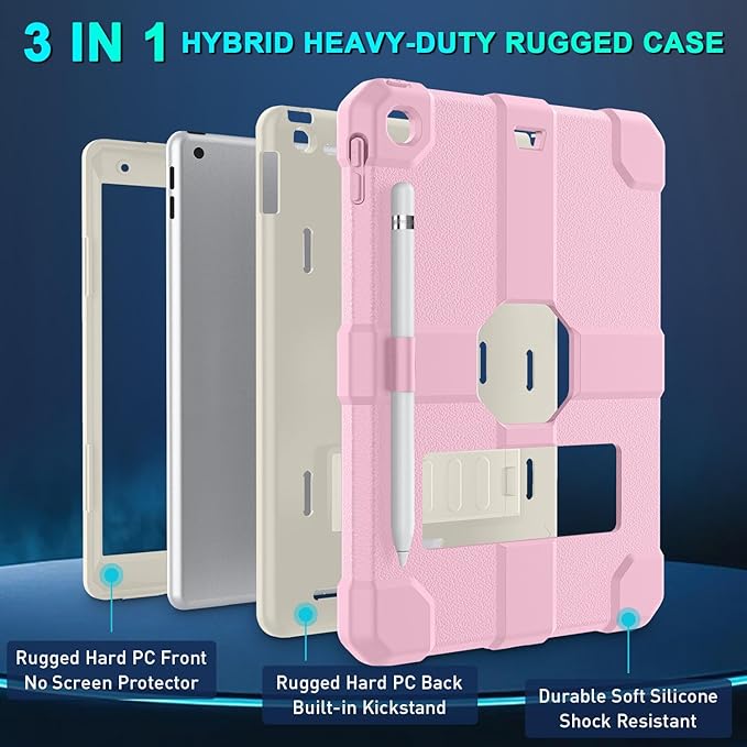 Case for iPad 9th/8th/7th Generation 2021/2020/2019(10.2 inch) Heavy Duty Shockproof Rugged Protective 10.2 Cover with Built-in Stand for iPad 9 8 7 Gen(Off-White+Pink)