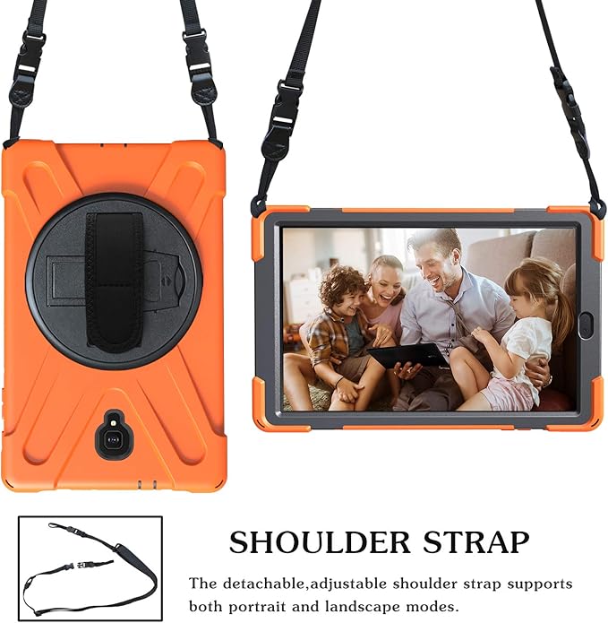 Rugged Case for Samsung Galaxy Tab A 10.5 2018 (SM-T590/T595/T597) Portable Hybrid Shock-Proof Cover with 360° Rotatable Hook&ampLoop HandleShoulder Strap (Orange)