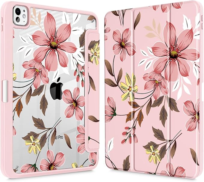 Mektron Case for M5/ M4 iPad Pro 11 inch 2025/2024 with Pencil Holder Compatible Models: A3357/A3358/A3359/A2836/A2837/A3006 Shockproof Cover Clear Shell Floral C293