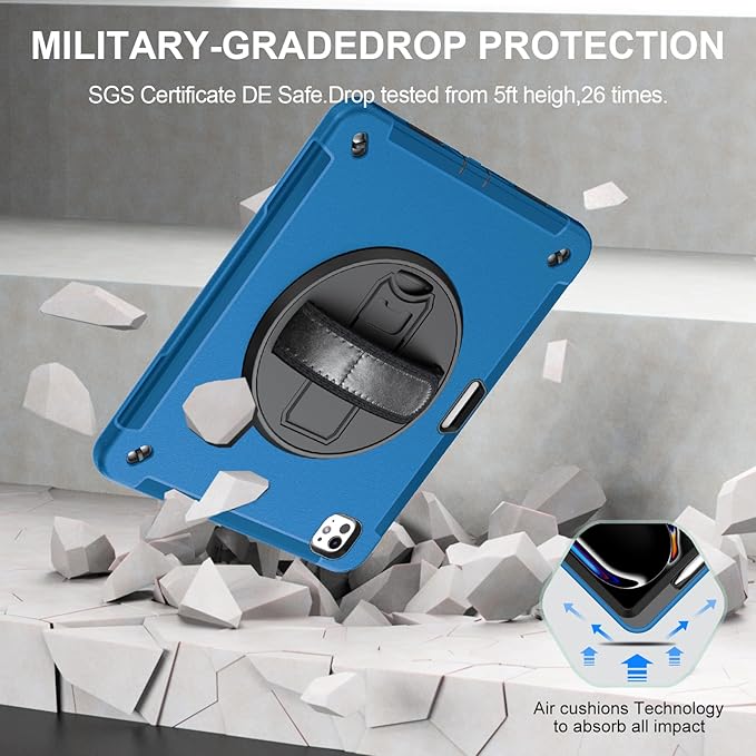 Miesherk Case for iPad Pro 13 Inch Military Grade Heavy Duty Shockproof iPad 13 Case (2024 7th Generation) - Screen Protector Rotating Stand Pencil Holder Hand/Shoulder Strap Blue