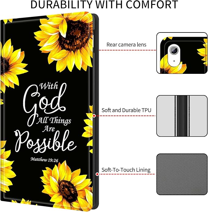 Case for iPad (A16) 11th Generation 11 Inch (2025)/ iPad 10th Generation 10.9 inch 2022Slim PU Leather Smart Cases Covers with Auto Wake/Sleep-Sunflower Matthew 19:26
