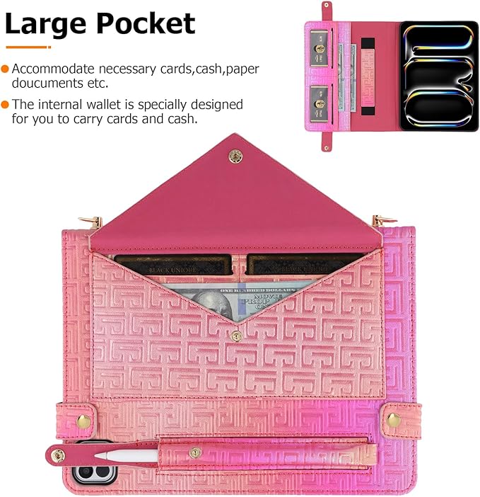 Dteck Luxury Sparkle PU Leather Case for iPad Air 13 2024 &amp iPad Pro 12.9 - Stand With Pencil Holder Shoulder Hand Strap Card Pockets Shockproof Rugged Protective Magnetic Wallet Rose