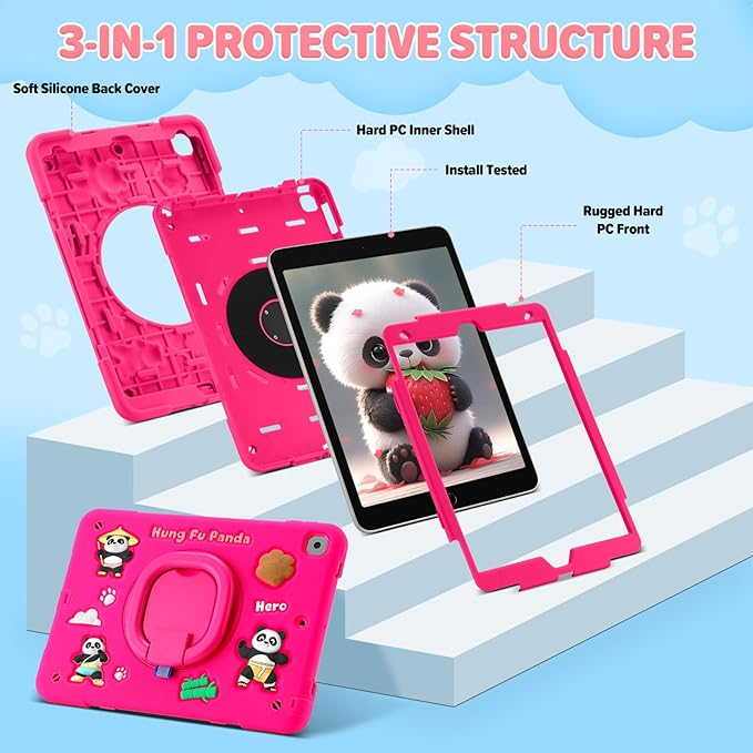 Case for iPad 9th/8th/7th Generation iPad 10.2 Inch 2021/2020/2019 Funny Cartoon Silicone 3D Panda Design Kids Case Heavy Duty Protection with Stand/Pencil Holder/Shoulder Strap (Rose)