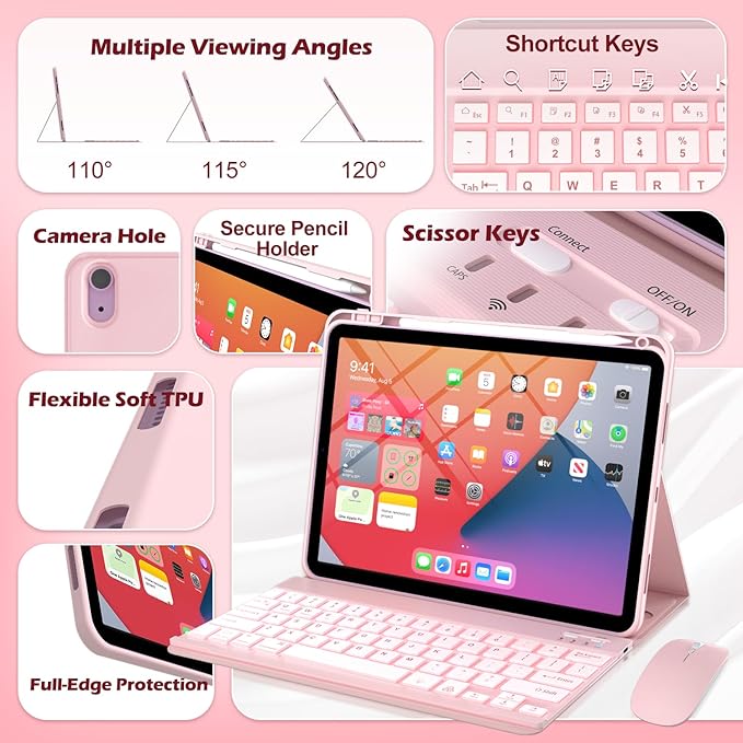 Keyboard Case for iPad mini A17 Pro 7th Generation 2024 / mini 6th Generation 2021 Mouse and Detachable Keyboard Adjustable Stand Built in Pencil Holder Auto-Sleep/Wake Feature Pink