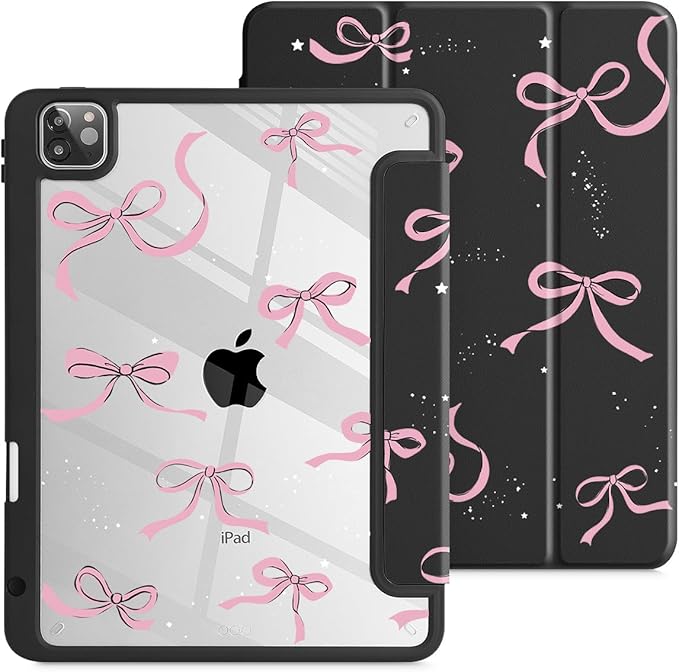 May Chen for iPad Pro 11 inch M2 4th Generation 2022 iPad Pro 11 3rd/2nd/1st Gen Case with Transparent Shockproof Back Cover [Built-in Pencil Holder Auto Sleep/Wake Black Stars Bow