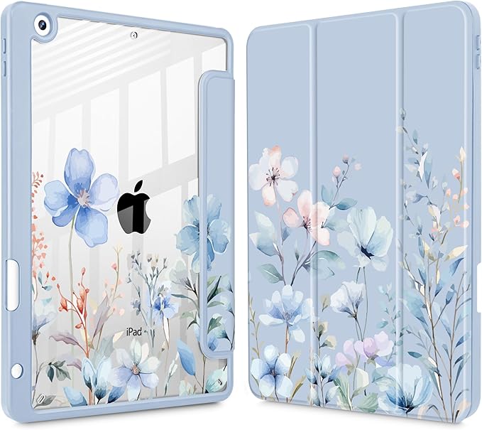 May Chen for iPad 9th Generation with Pencil Holder iPad 8th/7th Gen Case 10.2-inch [Penceil Holder] Trifold Stand Auto Wake/Sleep Clear TPU Protection Back Cover Wild Flowers