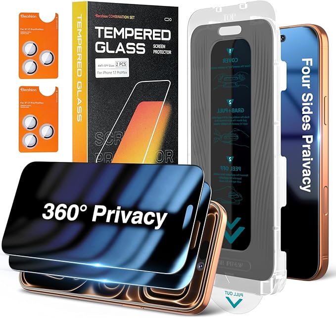 Elecshion 4 Way 360° Anti Spy for iPhone 17 Pro Max Privacy Screen Protector + Camera Lens Protector (2+2) Auto-Align Kit 10X Military Shatterproof Anti Peep Tempered Glass Film for 17 Pro Max