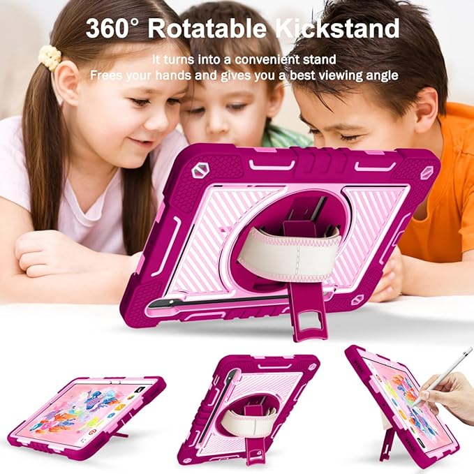 Shockproof Case for Samsung Galaxy Tab S8+/S7+/S7 FE 12.4 Tablet with Shoulder Strap Techcircle Heavy Duty Rotating Kickstand Rugged Defender Protective Case with Adjustable Hand Strap Rose+Pink
