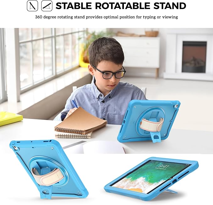 ProCase Rugged Case for iPad 9.7 Inch 5th 6th Gen/iPad Air 2 / iPad Pro 9.7 Case Heavy Duty Shockproof Rugged Cover with Hand Strap 360 Degree Rotatable Kickstand Protective for iPad 9.7 -Blue