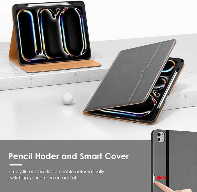 VIKESI Case for iPad Pro 13-inch M5 or M4 Released in 2025 or 2024 Leather Stand Cover with Apple Pencil Holder Auto Wake/Sleep Multiple Viewing Angles Built in Hand Strap &amp PocketGrey