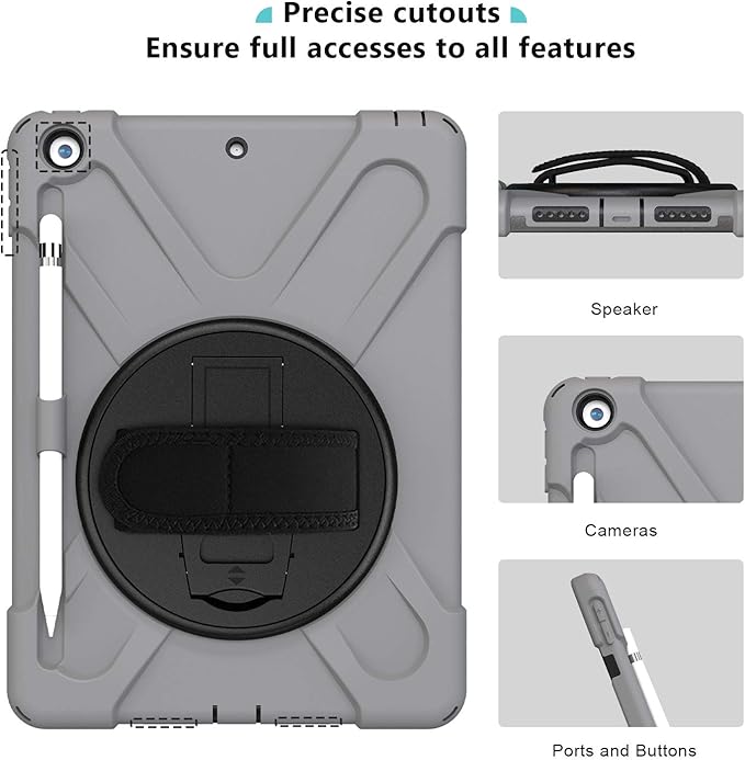 ProCase Rugged Case for iPad 9th/ 8th/ 7th Generation 10.2 (2021/2020/2019) Heavy Duty Shockproof Protective Cover with Strap for iPad 9/8/7 -Grey
