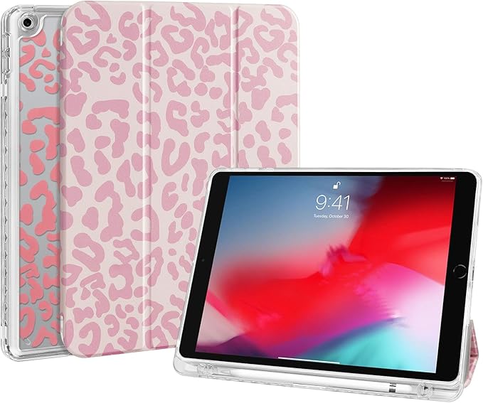 Fycyko Trifold Stand Case for iPad 10.2 InchiPad 9th/8th/7th Generation 2021/2020/2019 Aesthetic Trendy Light Pink Leopard Design with Pencil Holder Shockproof Protective CoverLight Pink