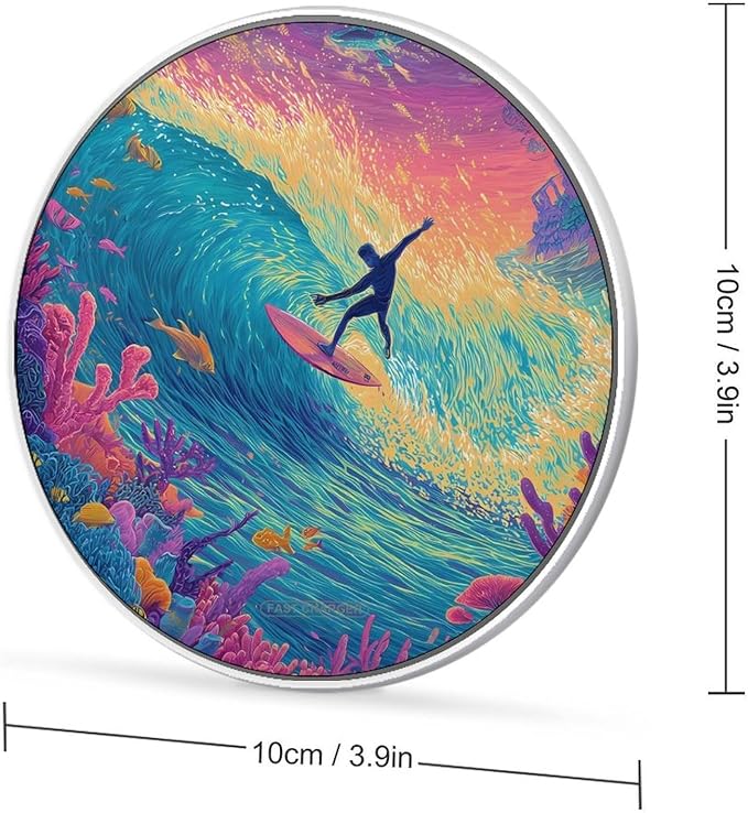 Surfer Riding Wave Sea Coral Dreamy Fast Portable Charger 10W Funny Graphic Phone Charging Pad with USB Cable