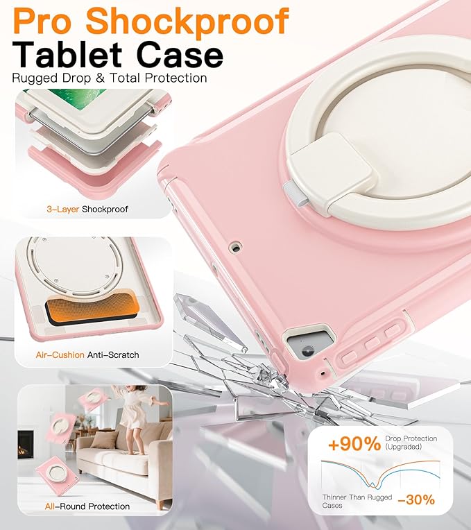 BATYUE Case for iPad 6th Generation 9.7 inch 2018 iPad 5th Gen 2017 iPad Air 2/ iPad Pro 9.7''Shockproof Protective Cover with Pencil Holder &ampRotating Kickstandfor KidsGirls (Cheery Pink)
