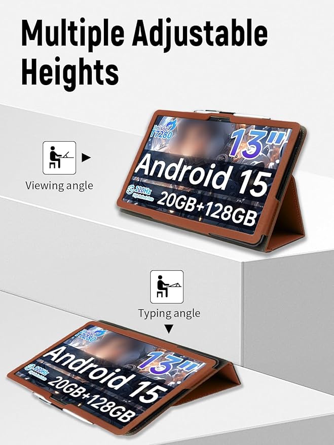 for TECLAST T65 13.4 Inch Tablet Case PU Leather Folding Cover with Pen Holder and Wrist Strap Business Travel Portable (Brown)
