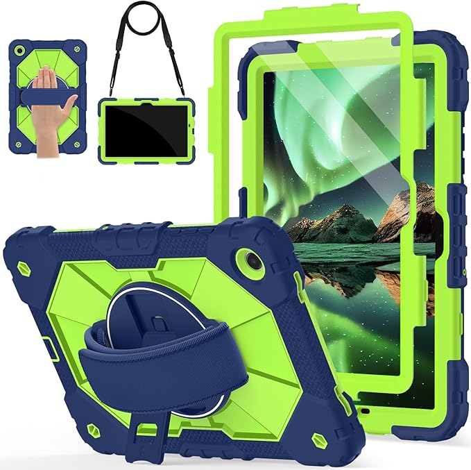 for Samsung Galaxy Tab A11 Plus/A9+ Case 2025/2023 11 Rugged Galaxy Tab A11+ Case Samsung A9 Plus Tablet Cover with 360 Rotating Stand Hand Strap Shoulder Strap Screen Protector Navy Green