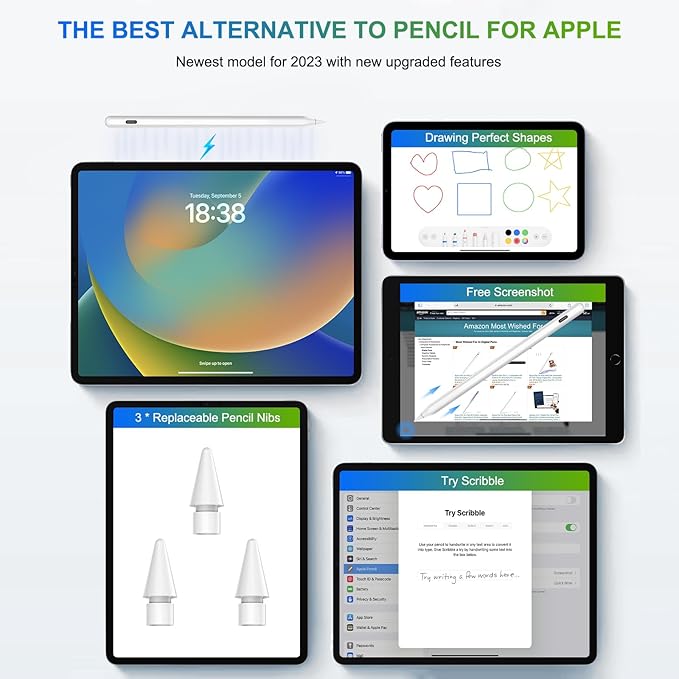 Pencil 2nd Generation for iPad: Magnetic Wireless Charging (Air 4/5 Mini 6 Pro 11/12.9 2018-2023) + USB-C Fast Charge - Stylus Pen for iPad 6-11 Pro 11/12.9 M4 M5 Air 3-5/M2/M3 Mini 5/6