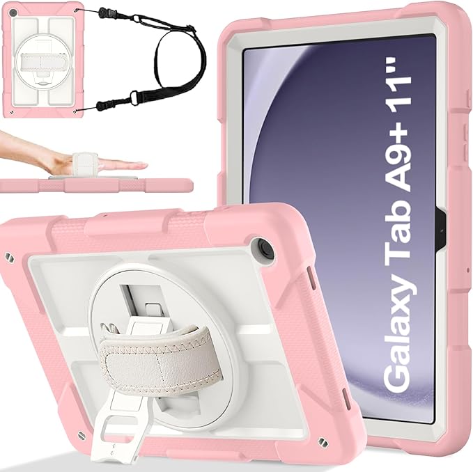BMOUO for Samsung Galaxy Tab A9+/A9 Plus Case 11 2023 (SM-X210/X216/X218) Shockproof Galaxy Tab A9 Plus Case with Rotating Stand and Hand/Shoulder Strap Pink