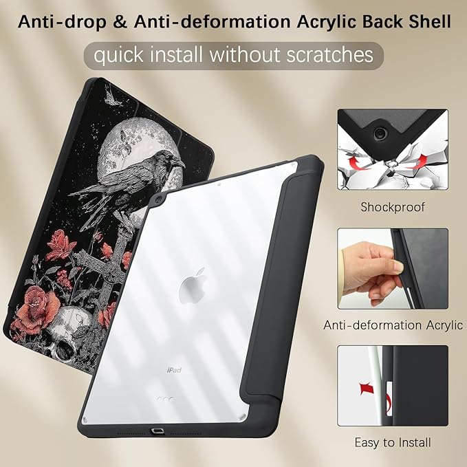 Red Rose Skull Case for iPad mini 6 Vintage Gothic Flower Cover for Ipad Funny Print Shell with Clear Transparent Back Auto Sleep/Wake Anti-Slip Shockproof with Pencil Holder(Girls Women)