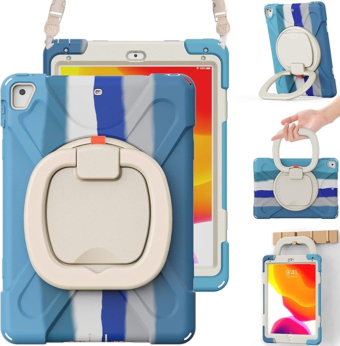 BRAECN Case for 9.7 Inch iPad 6th/5th Generation/iPad Pro 9.7 Inch/iPad Air 2 Full-Body Rugged Case w/Pencil Holder/Swivel Stand/Hand Grip/Adjustable Shoulder Strap for Boys &ampGirls-Colorful Blue