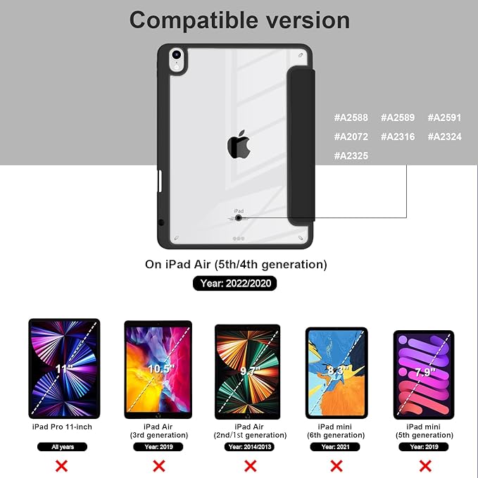 Batianda Hybrid Case for 11-inch iPad Air 2024 M2 Chip/iPad Air 5th/4th 10.9 inch [Built-in Pencil Holder] Shockproof Cover with Clear Transparent Back Shell TPU BumperPlants