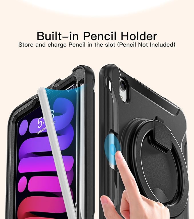 BATYUE Shockproof Case for iPad mini 7 (A17 Pro)/ Mini 6 8.3 inch (2024/2021) - 360° Multi-Angle Stand (Portrait &amp Landscape) &amp Grip Built-in Pencil Holder Black