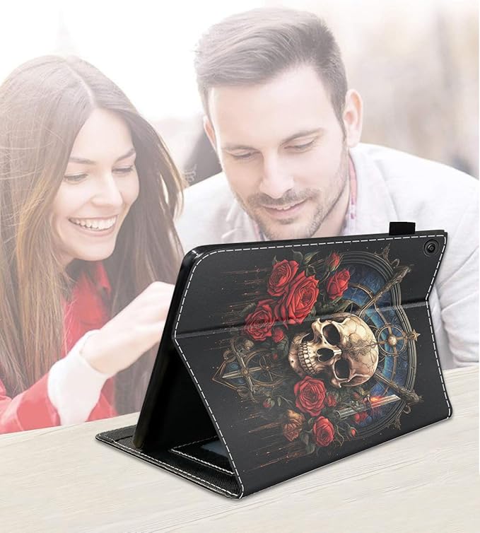 Case for Amazon Kindle Fire 7 Tablet (7 9th/7th Generation 2019/2017 Release) Slim PU Leather Cover with Card Slot &amp Auto Wake/Sleep Skull Roses