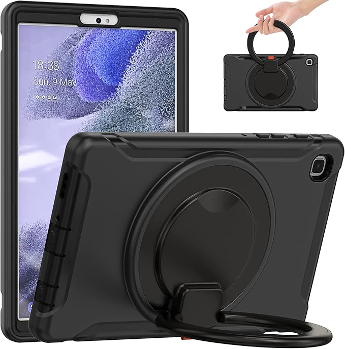 Shockproof Case for Samsung Galaxy Tab A7 Lite 8.7 Tablet Techcircle Rotating Stand Handle Heavy Duty Bumper Hybrid Cover Protective Case for Galaxy Tab A7 Lite (2021) SM-T220/T225 Black