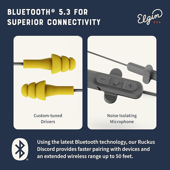 Elgin Ruckus Wireless Bluetooth Earplug Headphones 25 dB NRR Noise Canceling Mic 12-Hour Battery IP65 Sweatproof Compliant with OSHA Hearing Safety Standards