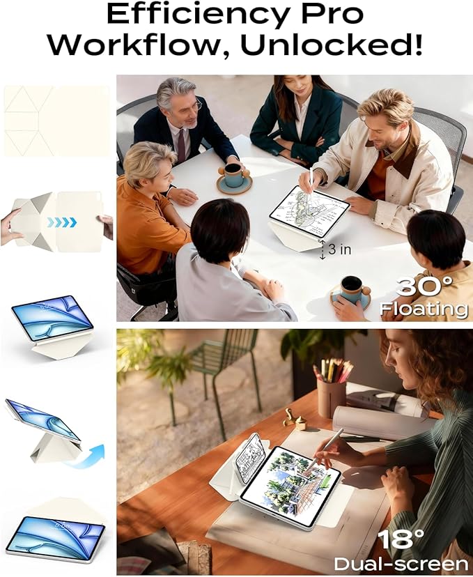 JKSML Dynamic Folio Case for iPad Air M4/M3/M2 11 &amp Air 4th/5th Gen 10.9 Detachable Pencil Holder 20+ Multi-Angle Origami Cover Slim &amp Ergonomic &amp Powerful Magnetic - Cream