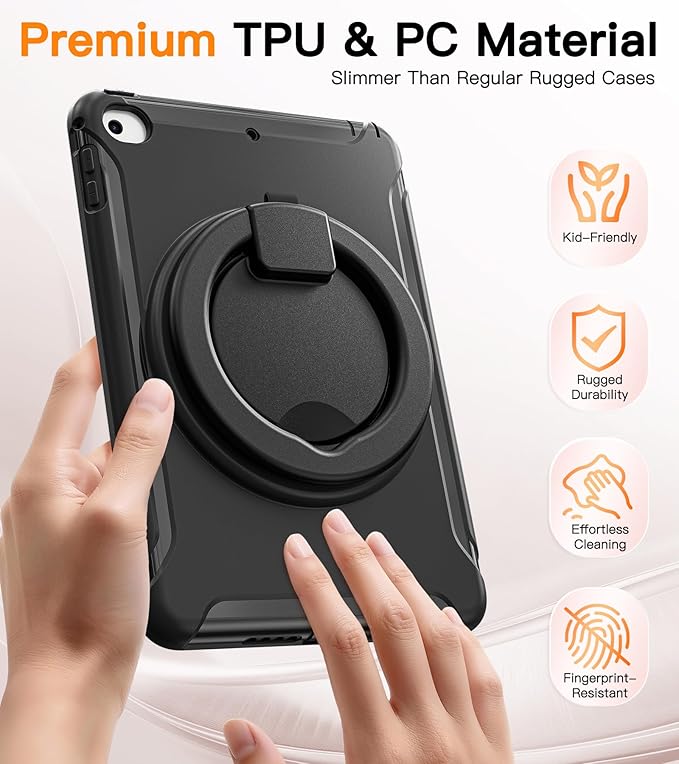 BATYUE Shockproof Case for iPad mini 4/5 (2015/2019) - 360° Multi-Angle Stand (Portrait &amp Landscape) &amp Grip Pencil Holder (Elastic Loop) Multi-Scene for All Ages Black
