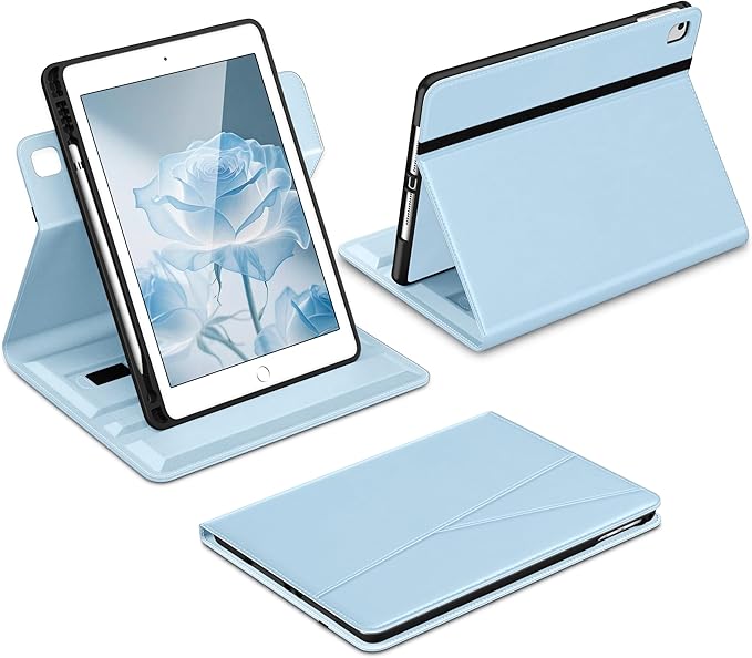 DTTO Rotating Case for iPad 6th / 5th Generation 9.7 Inch 2018/2017 iPad Air 2 / Air 1 Case 360 Degree Swiveling Premium Leather Folio Stand Cover with Pencil Holder - Auto Wake/Sleep Ice Blue