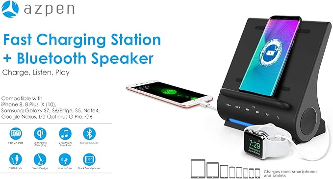 DockAll D108 Wireless Charging Dock Bluetooth Speakers by Azpen. Qi-Certified Wireless Charger for iPhone 15/14/13/12/11/X/8 and Samsung Galaxy S23/S22/S21/S20/S21/S10/S9 - Black