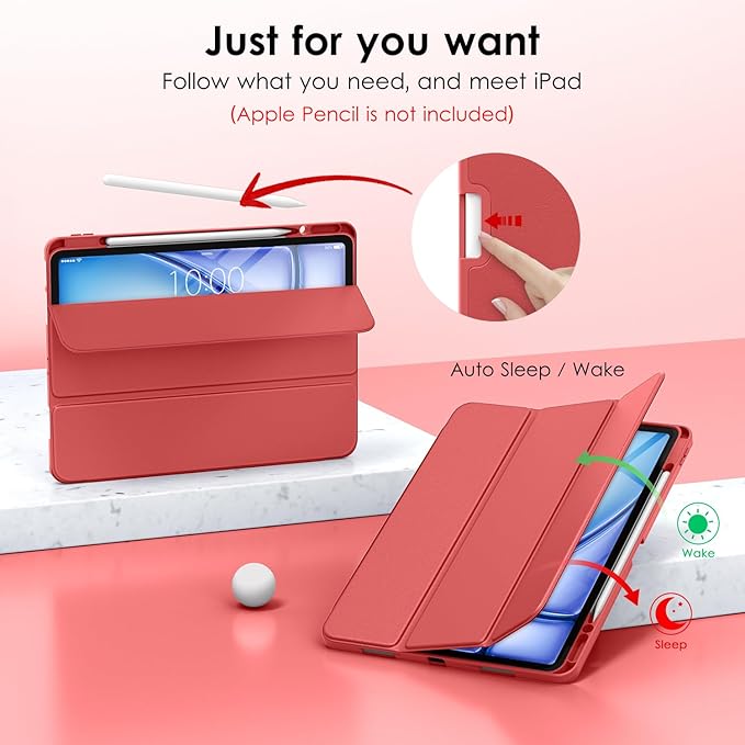 DTTO for iPad Air 13 Inch Case M4/M3/M2 2026/2025/2024 iPad Pro 12.9 Inch Case (6th/5th/4th/3rd Gen) Smart Slim Trifold Stand Soft Cover with Pencil Holder Red