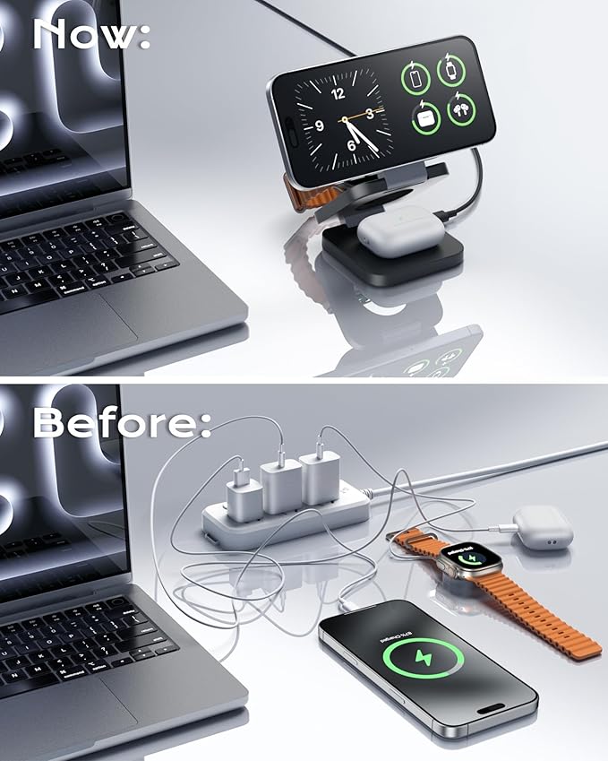 Qi2 Certified 3 in 1 Travel Charger MagSafe Compatible Upgraded Foldable Wireless Charger Stand Mag-Safe 3 in 1 Charging Station15W Fast Charging for iPhone 17/16/15/14/13/12 Apple Watch AirPods