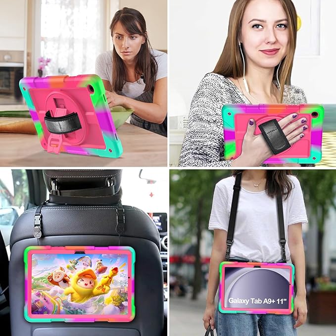 AVAWO Case for Samsung Galaxy Tab A9+ Plus 11 inch 2023 with 360° Swivel Handle Strap Cover with Lanyard Colorful Rose