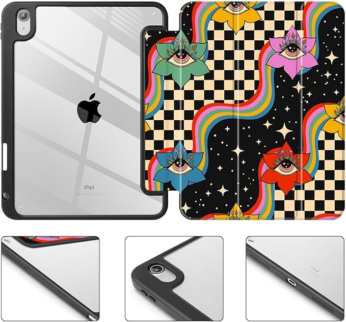 Tuiklol Case for iPad 11 inch (A16 Chip) 2025 Gen 11th / iPad 10.9 inch 2022 10th Gen Buit in Pencil Holder with Shockproof Cover Clear Transparent Back Shell Auto Wake/SleepFlowers &amp Eyes