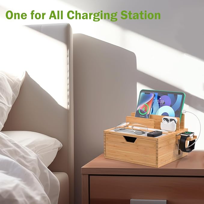 Pezin &amp Hulin Bamboo Charging Station for Multi Device with Power Charger &amp Cables Nightstand Docking Station with Lined Tray &amp Drawer Compatible with Tablet Cell Phones