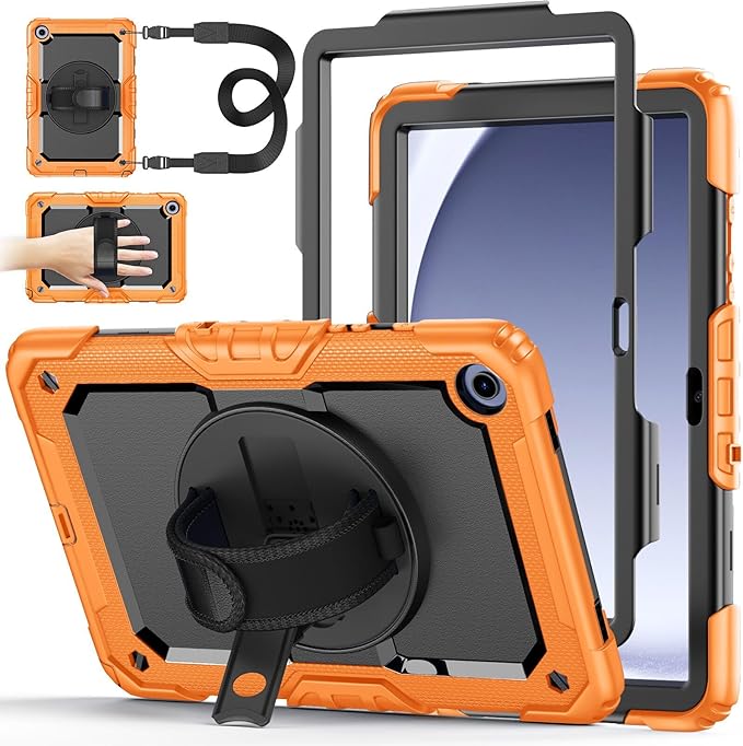 Case for Samsung Galaxy Tab A9+/A9 Plus 11 Inch 2023(SM-X210/X216/X218) Ubearkk Full-Body Drop Protection Case with Screen Protector 360° Rotating Stand and Hand/Shoulder Strap Orange