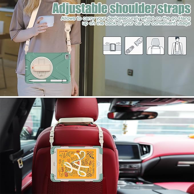 BRAECNstock for Apple iPad mini 5th/ 4th Generation Case 7.9 2019/2015 Shockproof Protective with Pen Holder Rotating Hand Strap &amp Stand Shoulder Strap Case for iPad mini 5/4 Emerald Green
