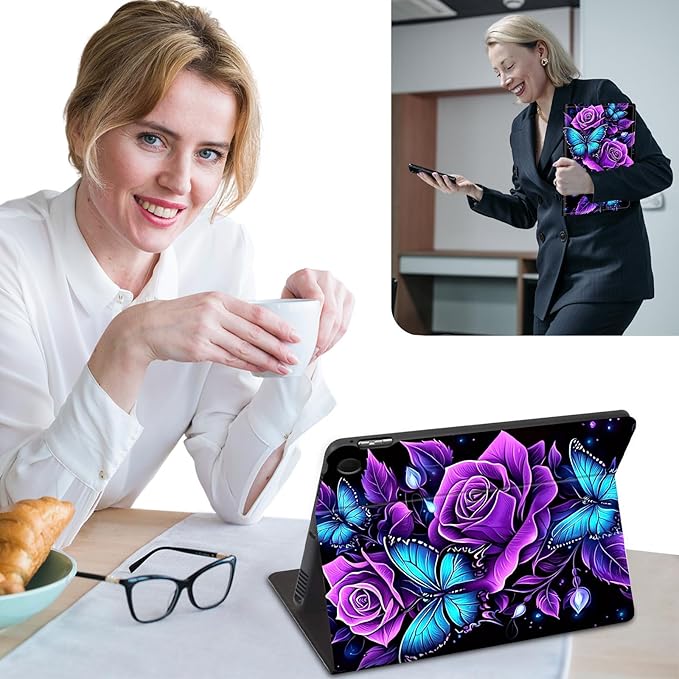 Slim Case for Samsung Galaxy Tab A9+ / A9 Plus 11 2023 (SM-X210/X216/X218) Lightweight PU Leather Multi-Angle Viewing Smart Stand Shell Cover with Auto Wake/Sleep Purple Rose Butterfly